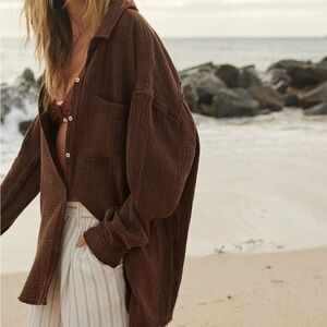 Aerie Gauzy Coverup Shirt color maple brown canyon sun size xxs oversized